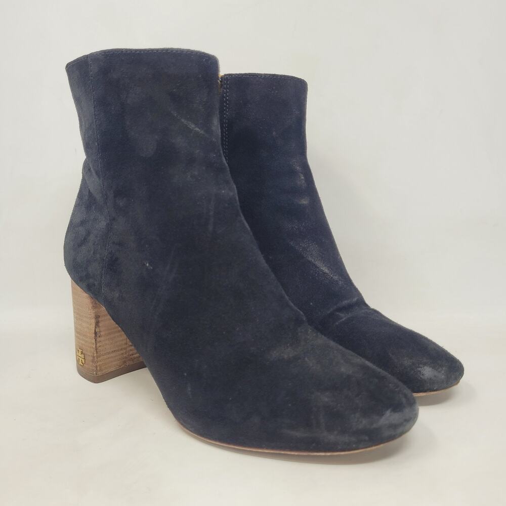 Tory Burch Boots 7M Black Suede Brooke Booties Minimalist Classic Logo Zip